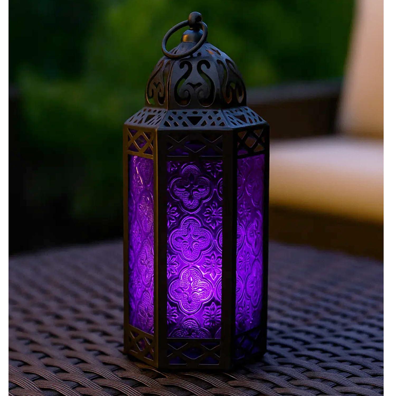 VELA LANTERNS 10.5" Moroccan Lamp Lantern Decorative Candle Holder for Indoor Outdoor Home Decor, Patio, Weddings, Ramadan Decorations, Black Metal, Purple Glass, Medium, Set of 3