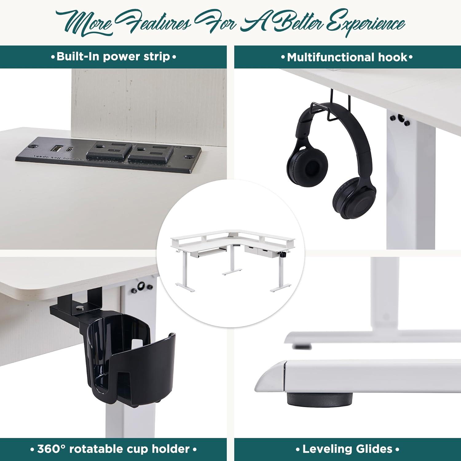 RedLemon 60 Inches L Shaped Electric Standing Desk, Height Adjustable Corner Gaming Desk with Drawers, Power Outlets & LED Lights, Computer Desk with Monitor Shelf, Carbon Fiber Black