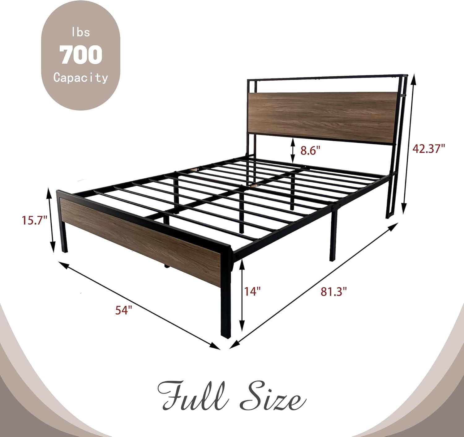 NNV Full Size Metal Platform Bed Frame with USB Ports, LED Lights Storage Headboard for Adults, Grey