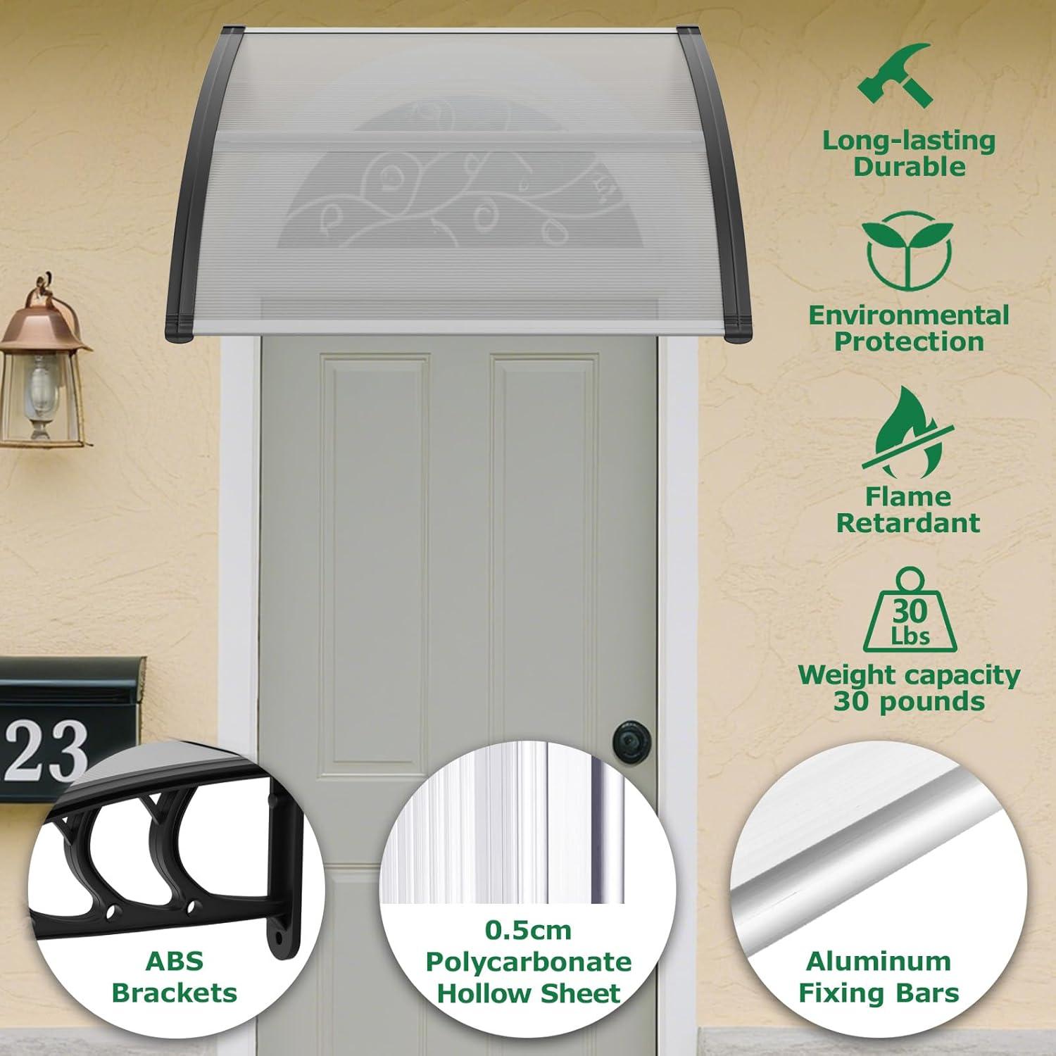 40" x 32" Door Window Awning Exterior, Polycarbonate Cover Entry Door Outdoor Patio Awning Canopy, Front Door Overhang Awning for Sun Shutter, UV, Rain and Snow Protection, Hollow Sheet (Clear Board)