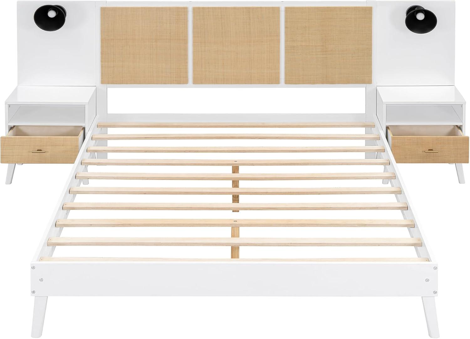 Queen Size Solid Wood Bed Frame with 2 Nightstands, Elegant Rattan and Wood Combination Platform Bed with Lamps, White - ModernLuxe