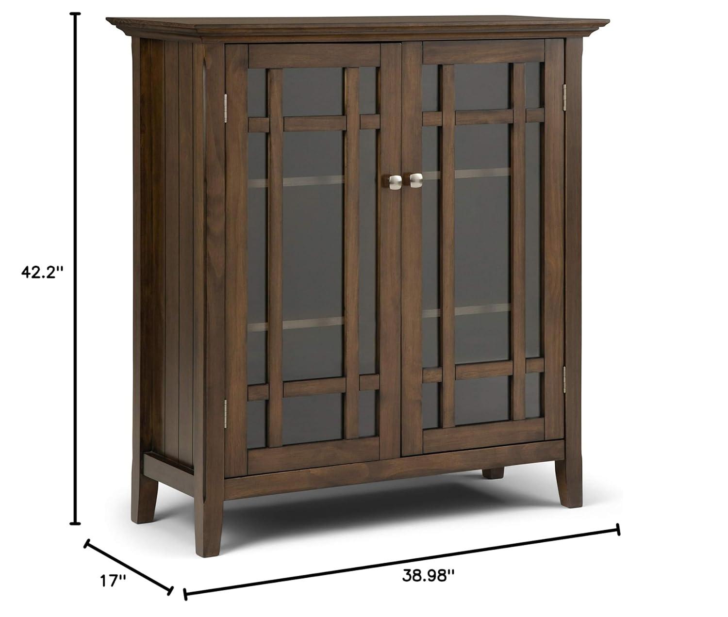 Simpli Home Bedford 39"W Solid Wood 4-Shelf Medium Storage Cabinet with Glass Doors and Adjustable Shelves