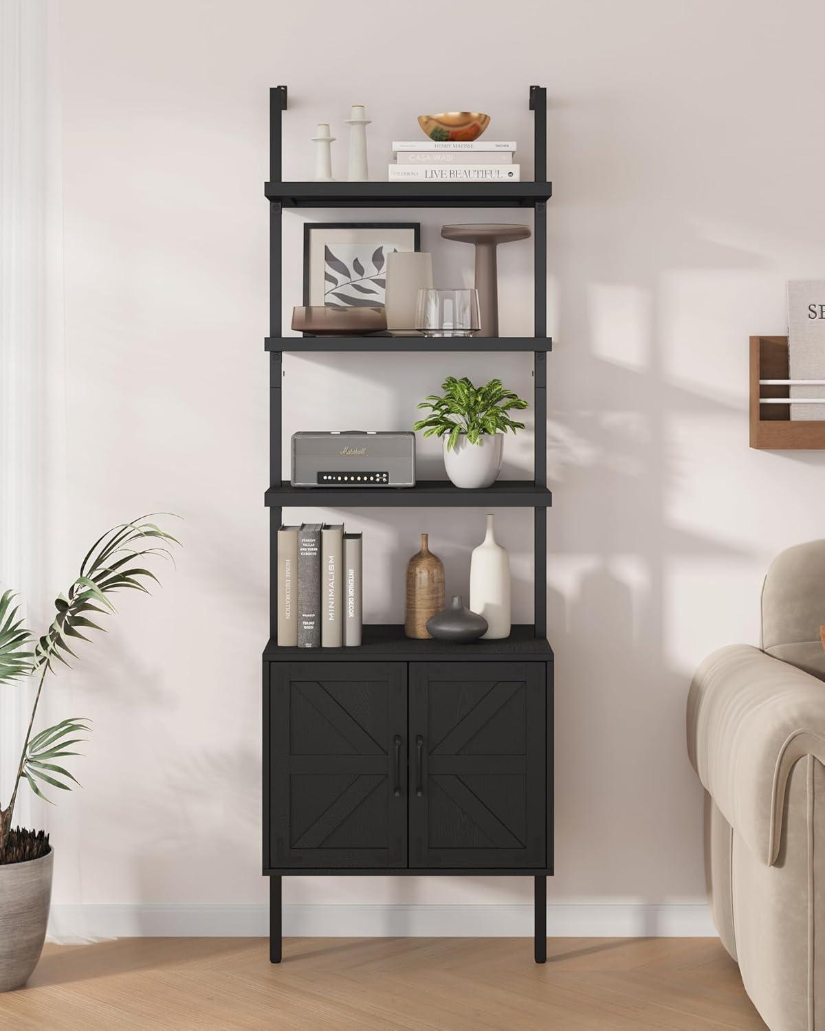 Black Industrial Ladder Bookshelf with Cabinet and Metal Frame