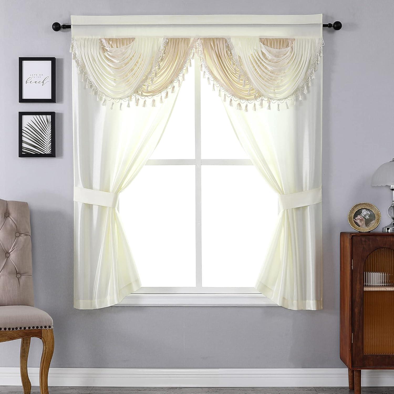 Regal Home Collections Amore Curtains 5-Piece Window Curtain Set - 54-Inch W x63-Inch L Panels with Attached Valance and 2 Tiebacks (Beige)