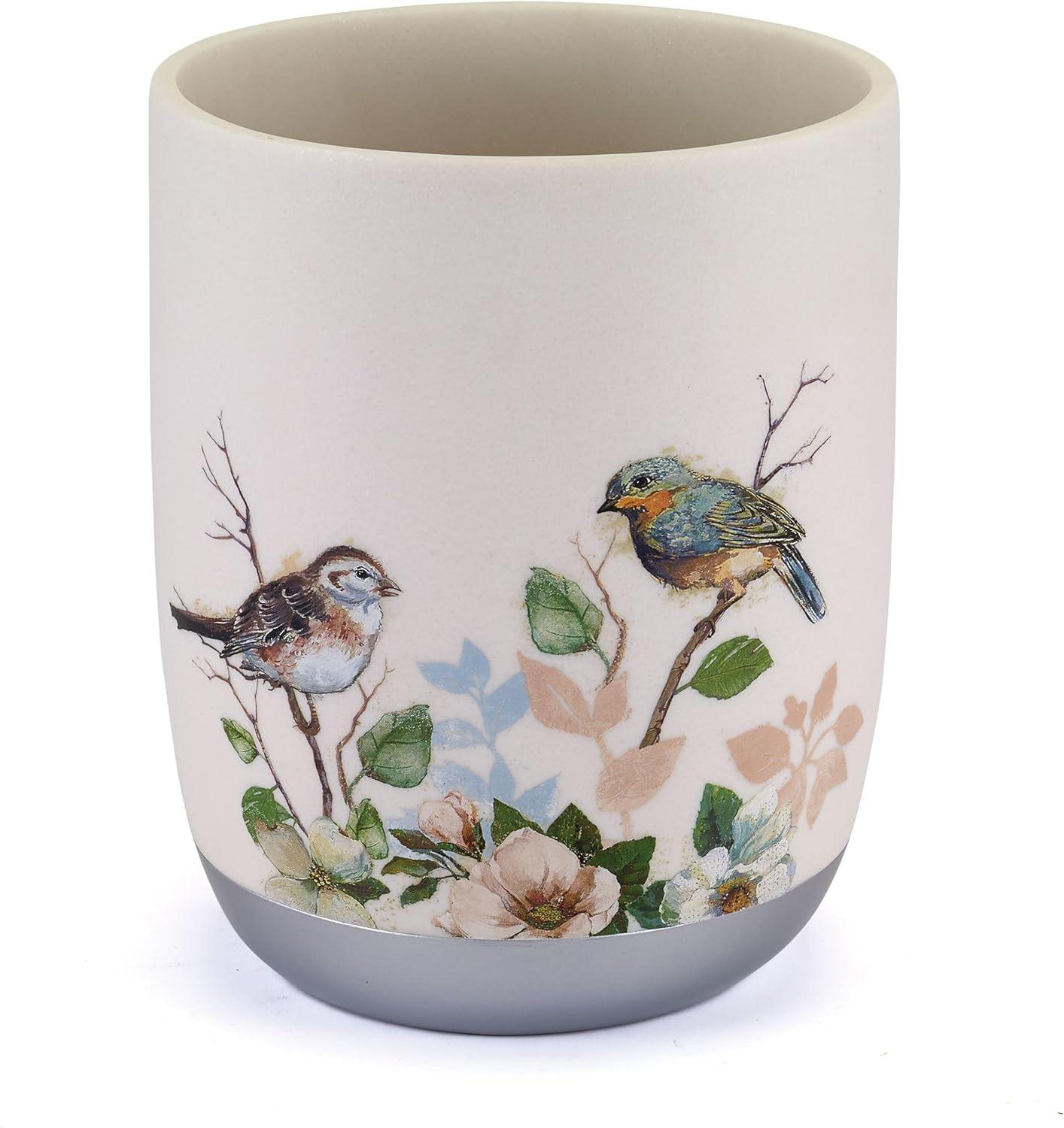 Ivory and Silver Resin Wastebasket with Bird Design