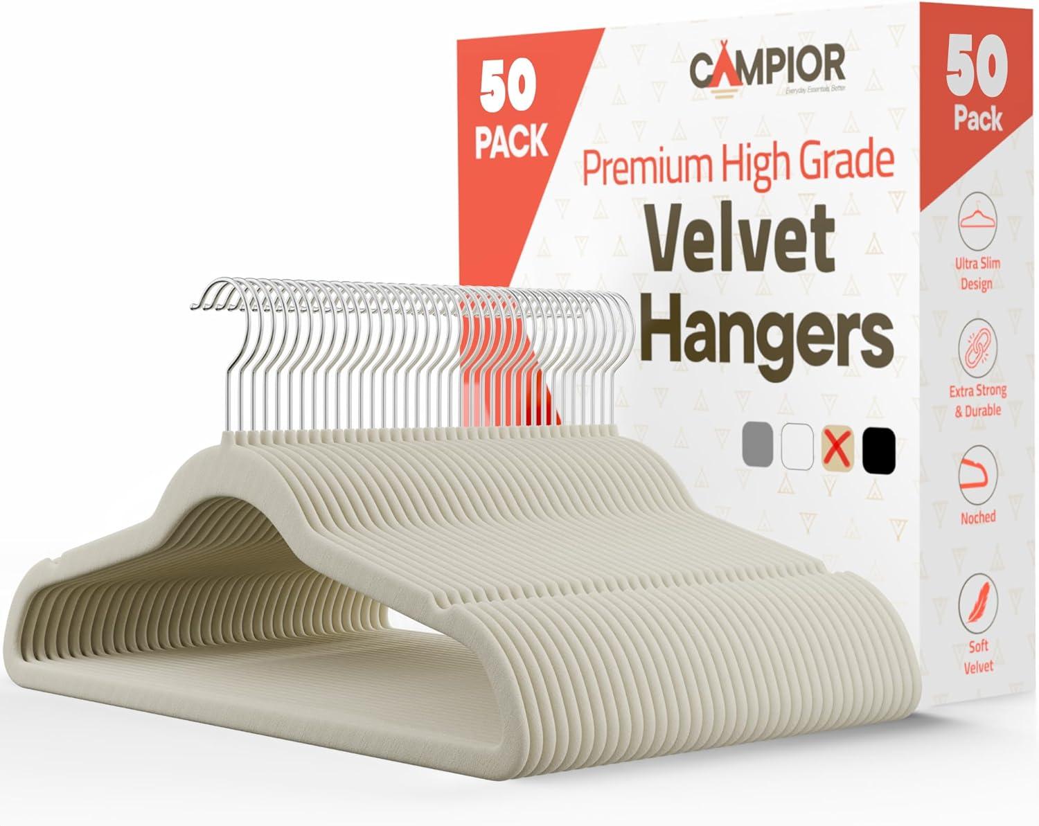 Ivory Velvet Hangers 50 Pack – Heavy-Duty 11 lbs Capacity, 360° Swivel Hook, Non-Slip & Space-Saving Design – Smooth Velvet Finish for Crease-Free Clothes & Effortless Closet Organization