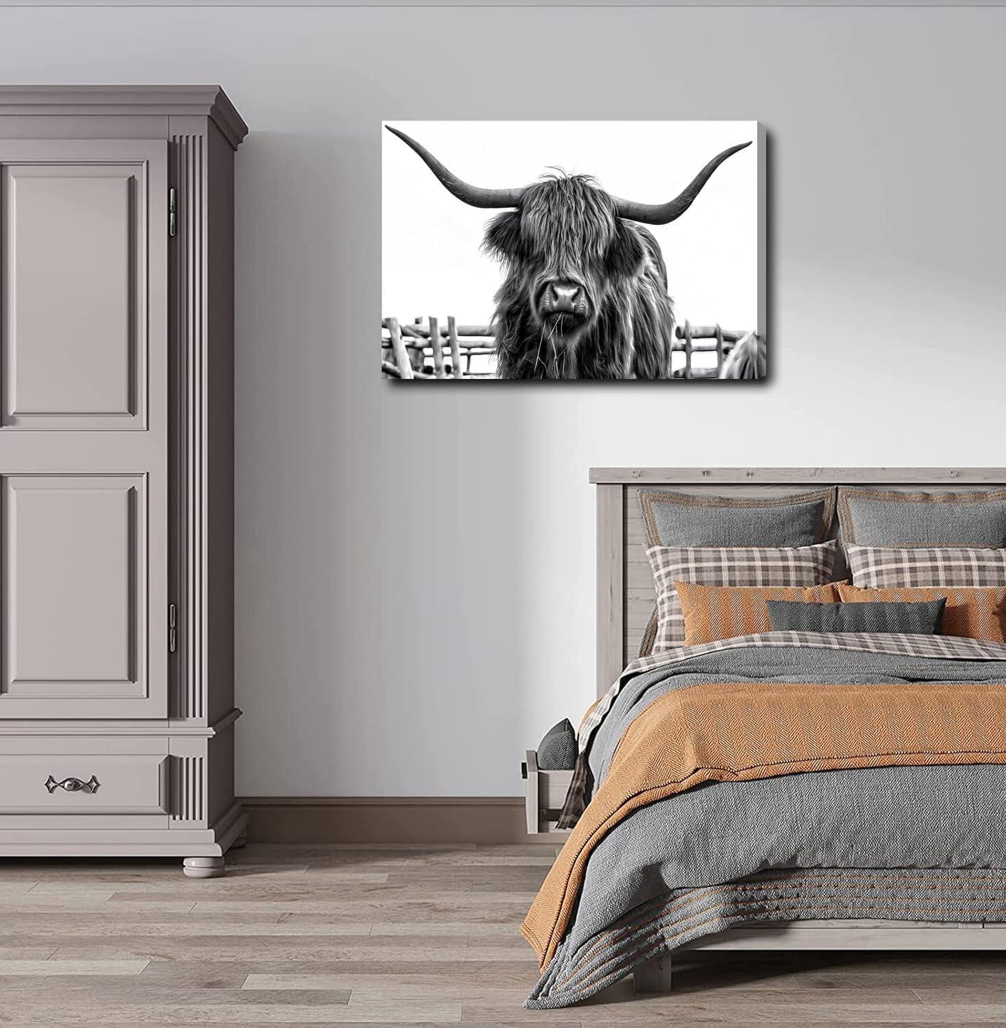 Lingy  Highland Cow Wall Art Farmhouse Decor Canvas Printed Black and White Cow Pictures Wall Decor Modern Western Rustic Artwork Decorations for Bedroom Office Living Room  16x12in