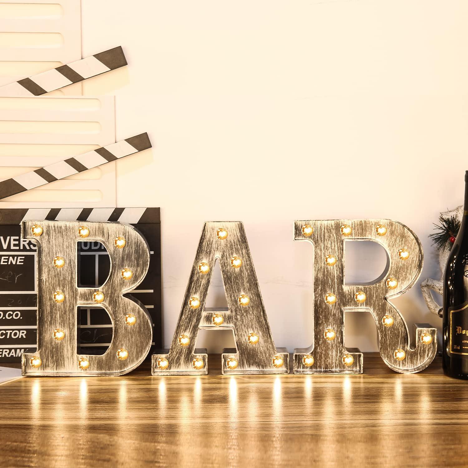 Brushed silver gray LED letters Lights Light Up letters Sign for Night Light Wedding/Birthday Party Battery Powered Christmas Lamp Home Bar Decoration -&