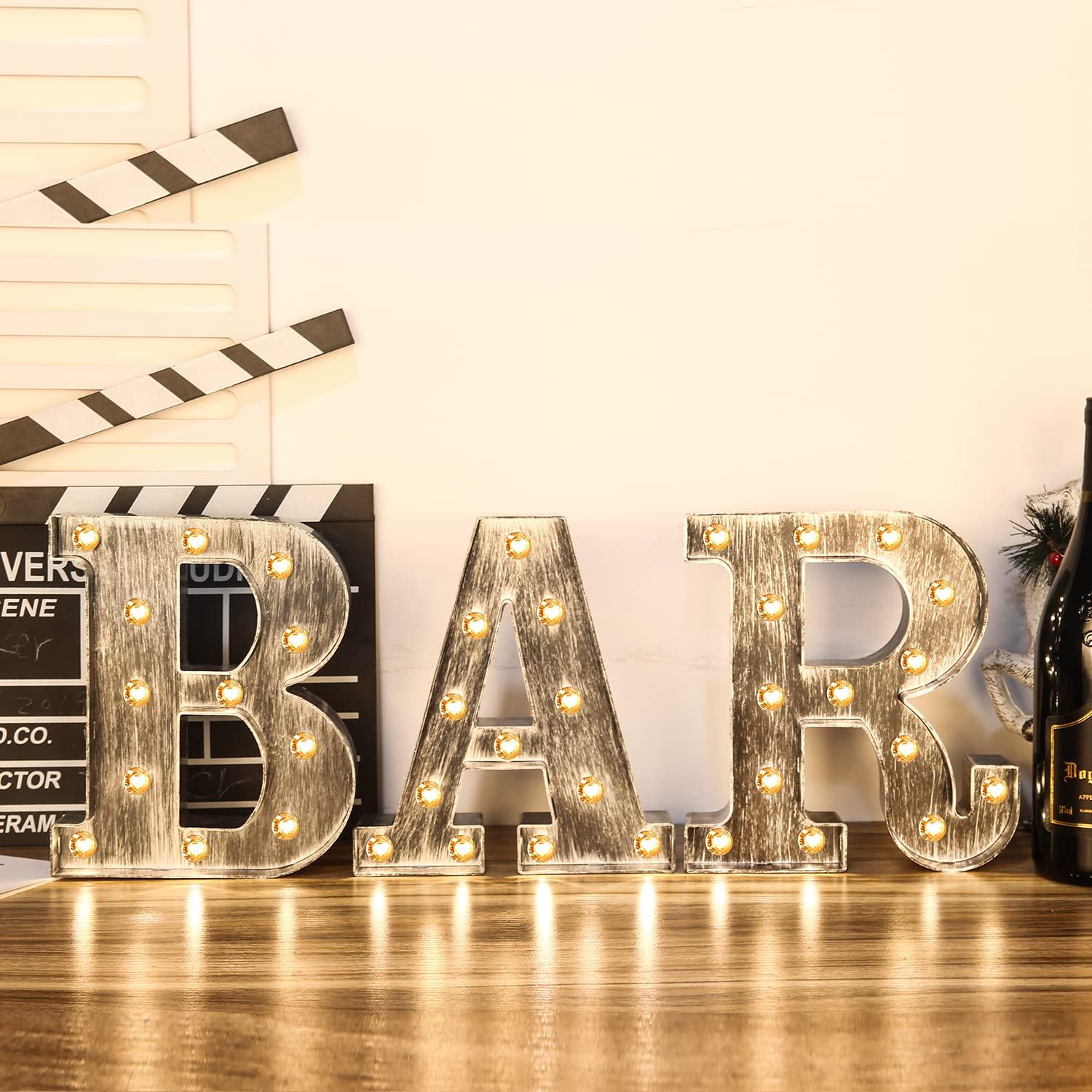 Brushed silver gray LED letters Lights Light Up letters Sign for Night Light Wedding/Birthday Party Battery Powered Christmas Lamp Home Bar Decoration -&
