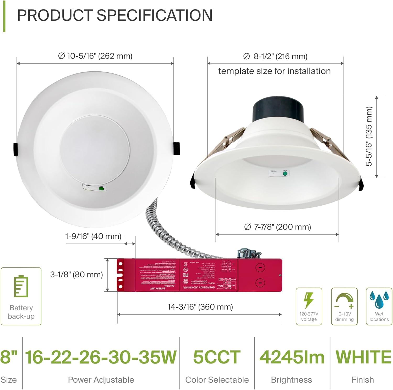 ASD Commercial LED Downlight 8 Inch with Emergency Battery Backup 15W, Power Adjustable Downlights 16/22/26/30/35W, Canless Recessed Lighting 120-277V, 5 CCT 2700K-5000K, Dimmable, IC Rated, White ETL