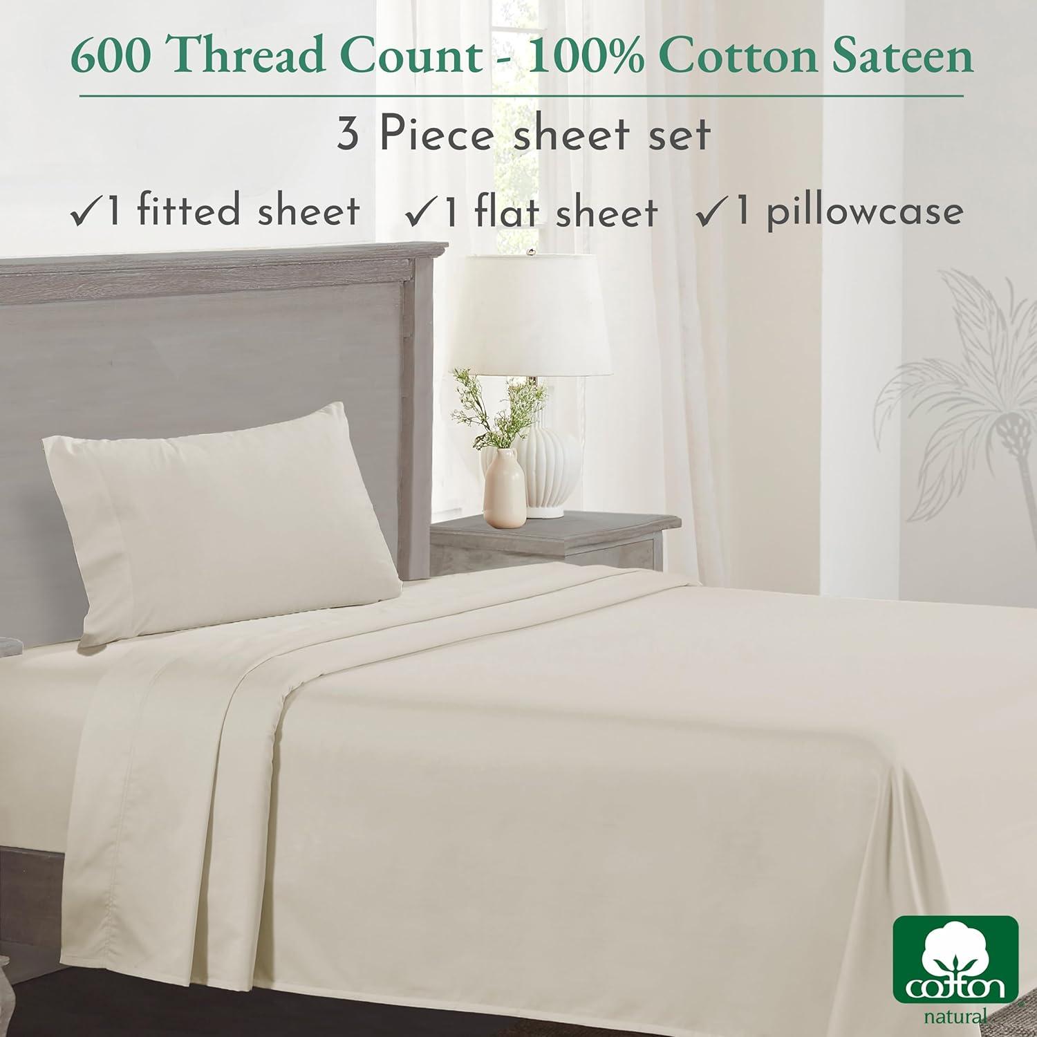 5-Star Luxury Sheet Set | 600 Thread Count 100% Cotton Sateen | Soft & Crisp Bed Sheets with Deep Pockets by California Design Den - Ivory, Twin