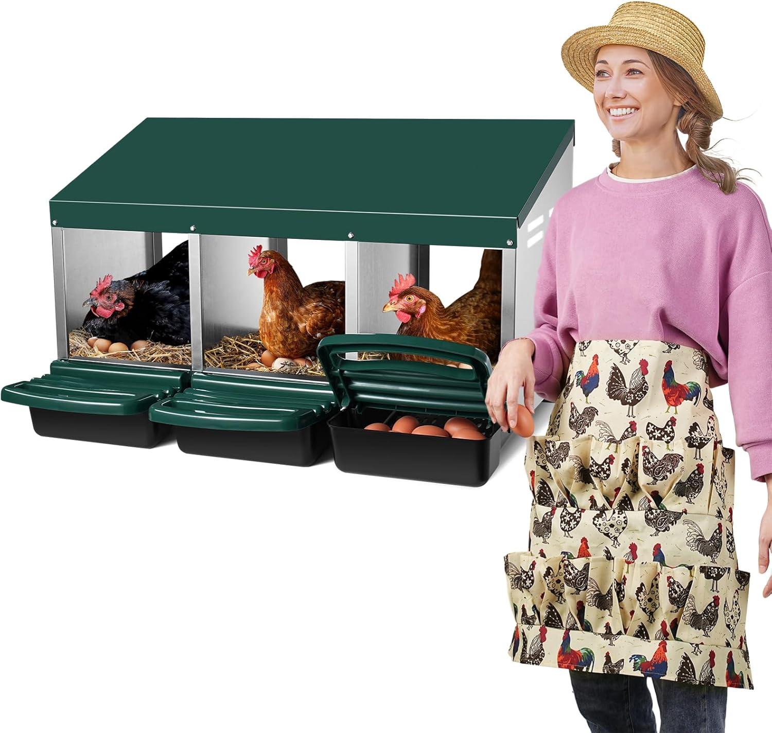 Bring Home Furniture Chicken Nesting Boxes with 3 Compartments for Laying Eggs, Galvanized Steel Hen Nesting Box with Lid Pull-Out Tray and Ventilation Design