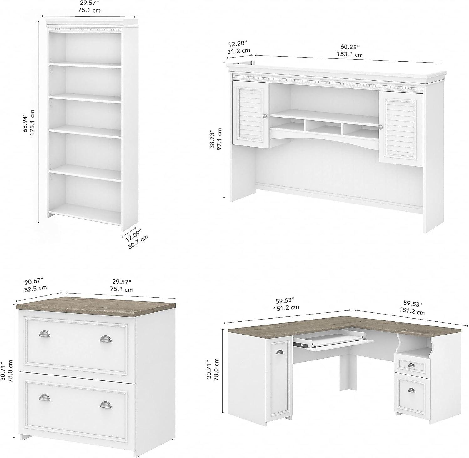 Fairview L Desk 4 Pc Set with Storage in White and Gray - Engineered Wood
