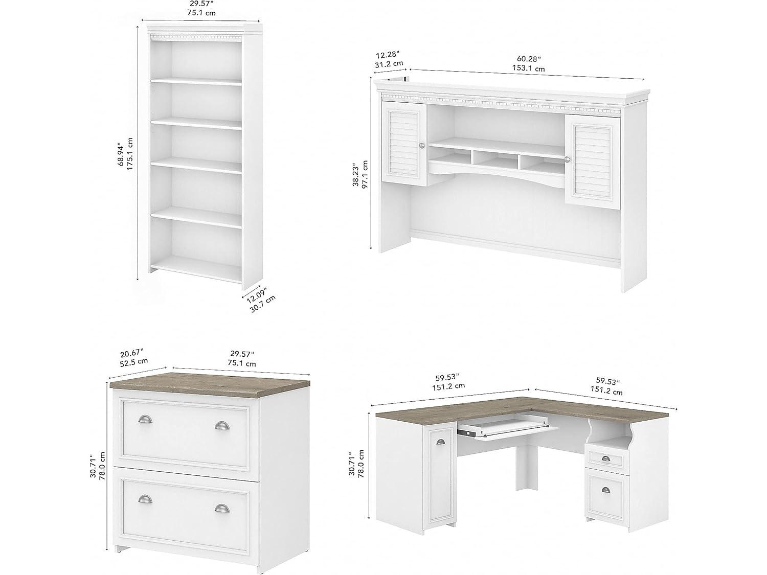 Fairview L Desk 4 Pc Set with Storage in White and Gray - Engineered Wood