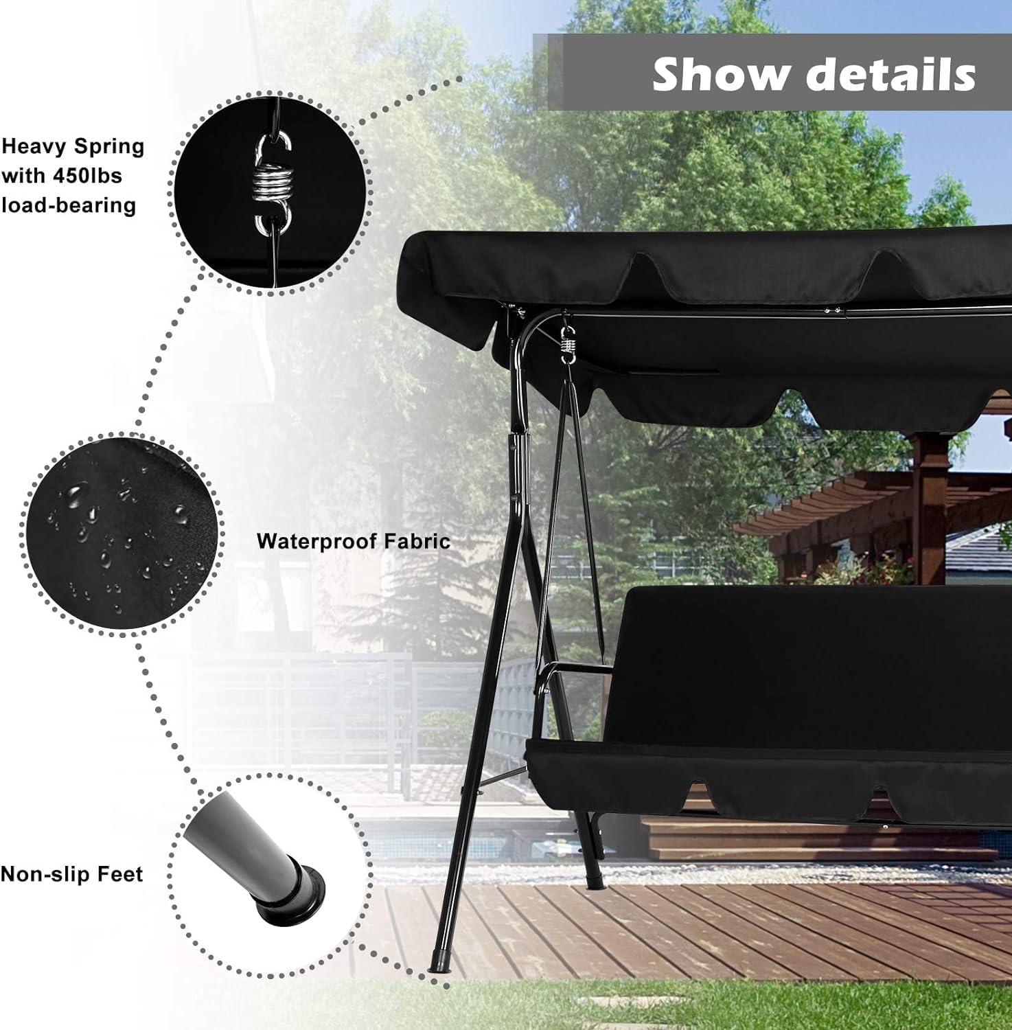 Black Steel 3-Seat Outdoor Swing with Adjustable Canopy