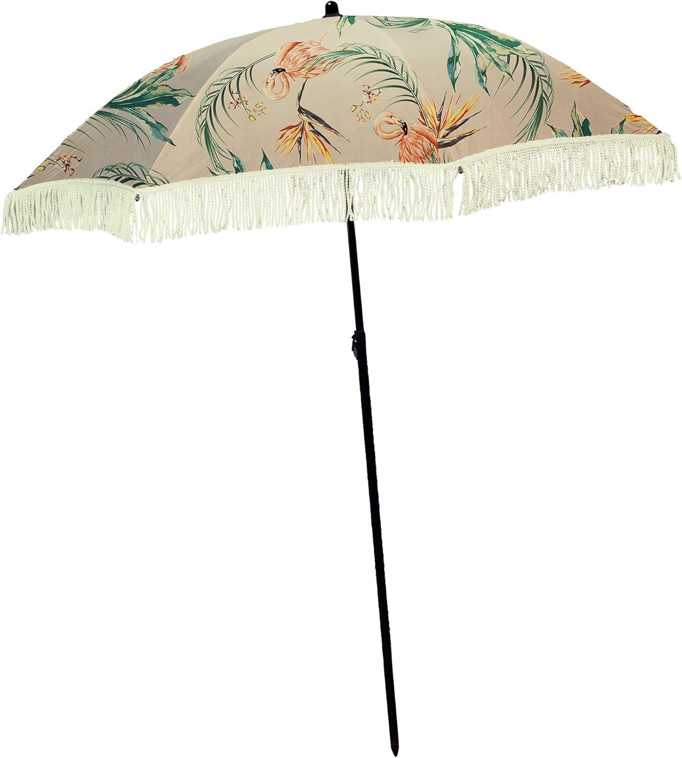 Flamingo Print Beach Umbrella with Fringe and Sand Anchor