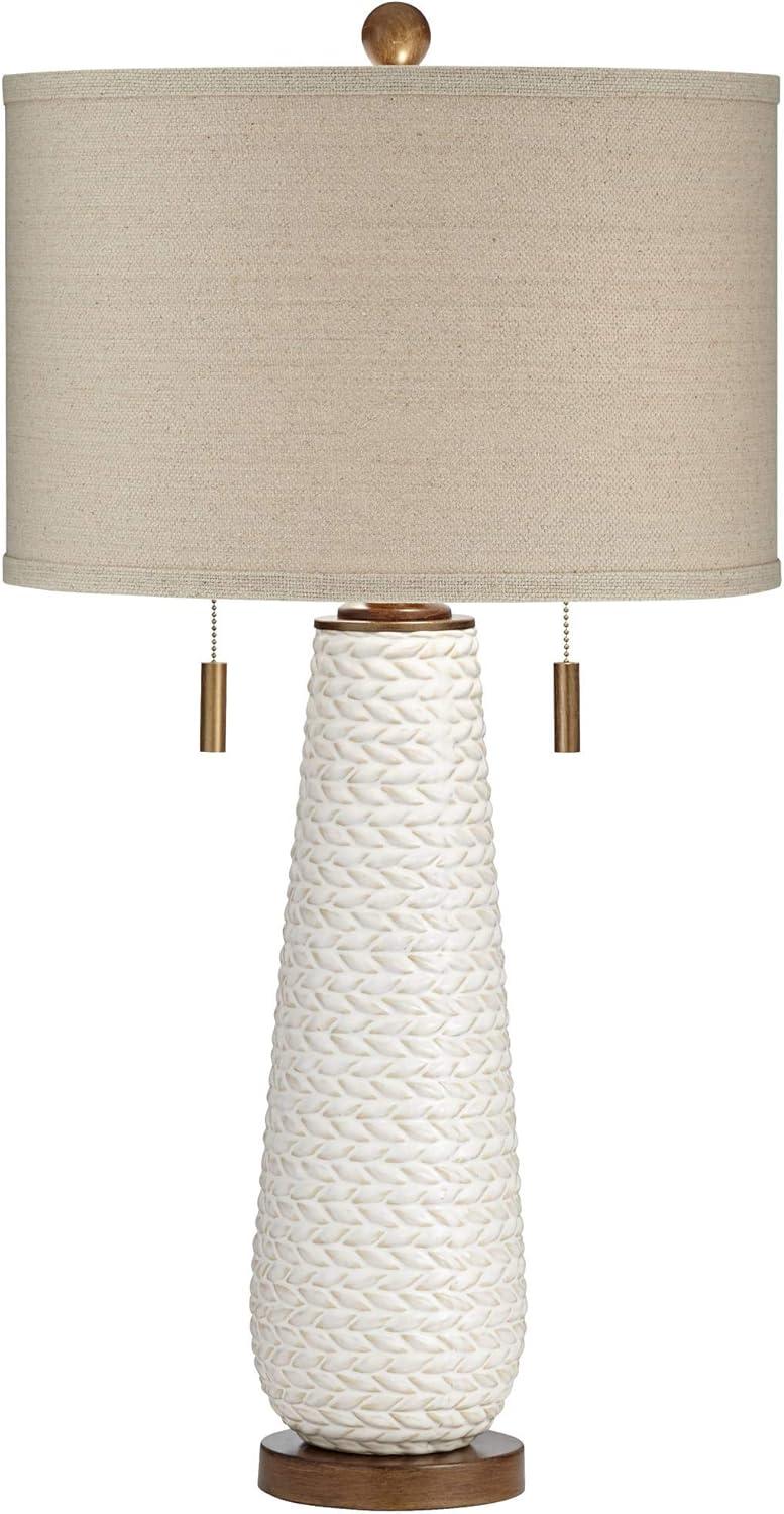 Possini Euro Design Kingston Modern Mid Century Table Lamp 32 3/4" Tall White Grooved Patterned Ceramic Taupe Drum Shade for Bedroom Living Room House