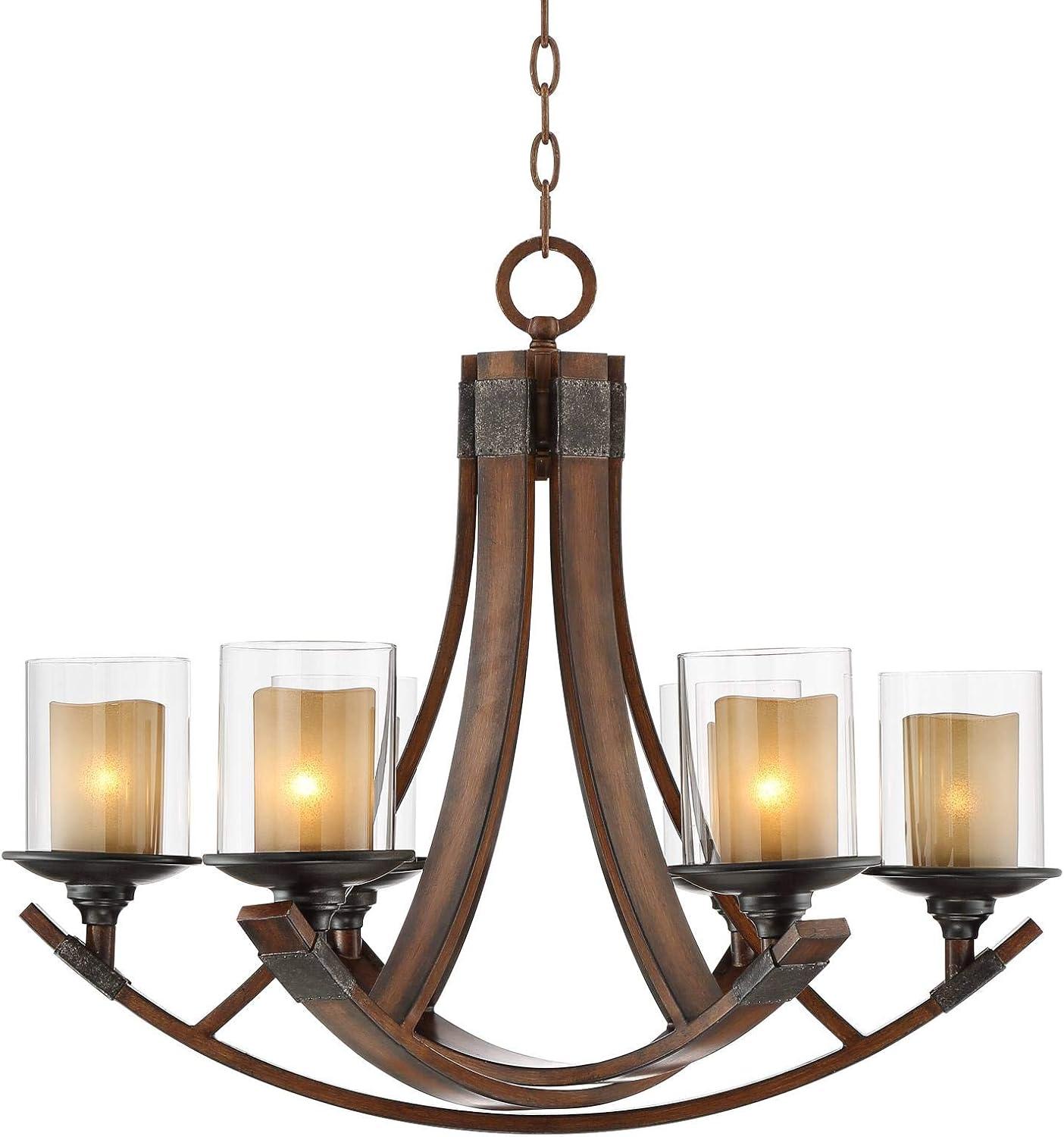 Franklin Iron Works Mahogany Wood Finish Chandelier 27 1/2" Wide Rustic Curving Clear Outer Scavo Inner Glass 6-Light Fixture Dining Room