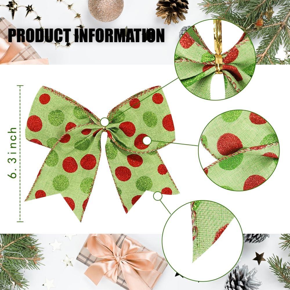Sandistore Cute Cars 12pcs Christmas Tree Bows Ornaments 6 Inch Large Christmas Wreath Bows Red Green Xmas Tree Bows Christmas Glitter Dot Bows Ribbons Decoration For Garland Diamonds for Crafts