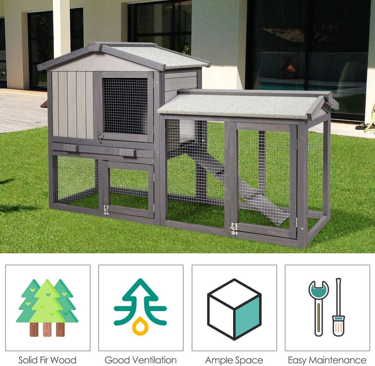 Gymax 58'' Wooden Rabbit Hutch Large Chicken Coop Weatherproof Indoor Outdoor Use Gray