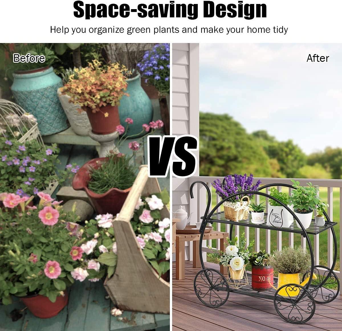 GRAFFY Metal Plant Stand, 2 Tiered Garden Cart Shelf with 4 Decorative Wheels, Parisian Style Flower Pot, Holder Display Shelf for Home Patio Garden Flower Shop