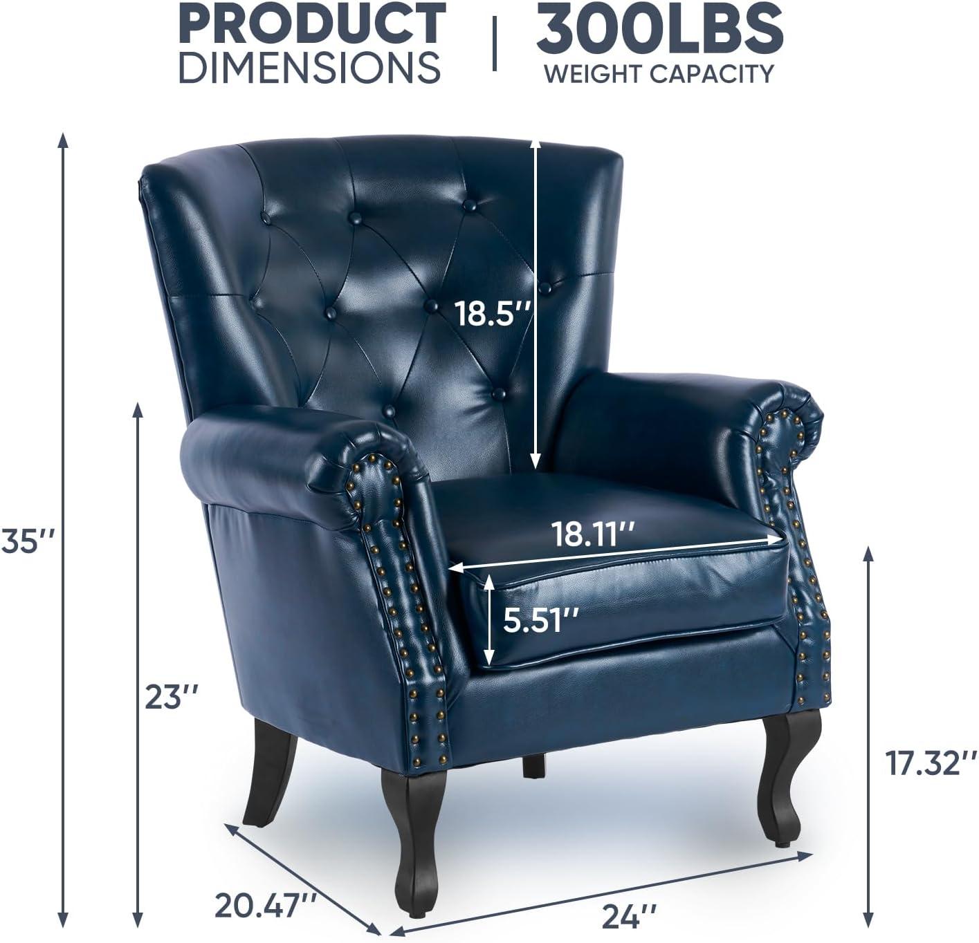 Navy Faux Leather Tufted Accent Chair with Wood Legs