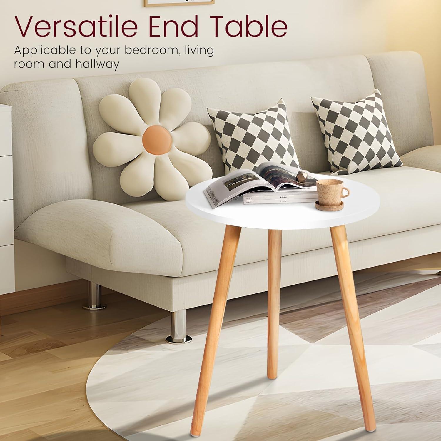 White Round MDF Side Table with Wooden Legs