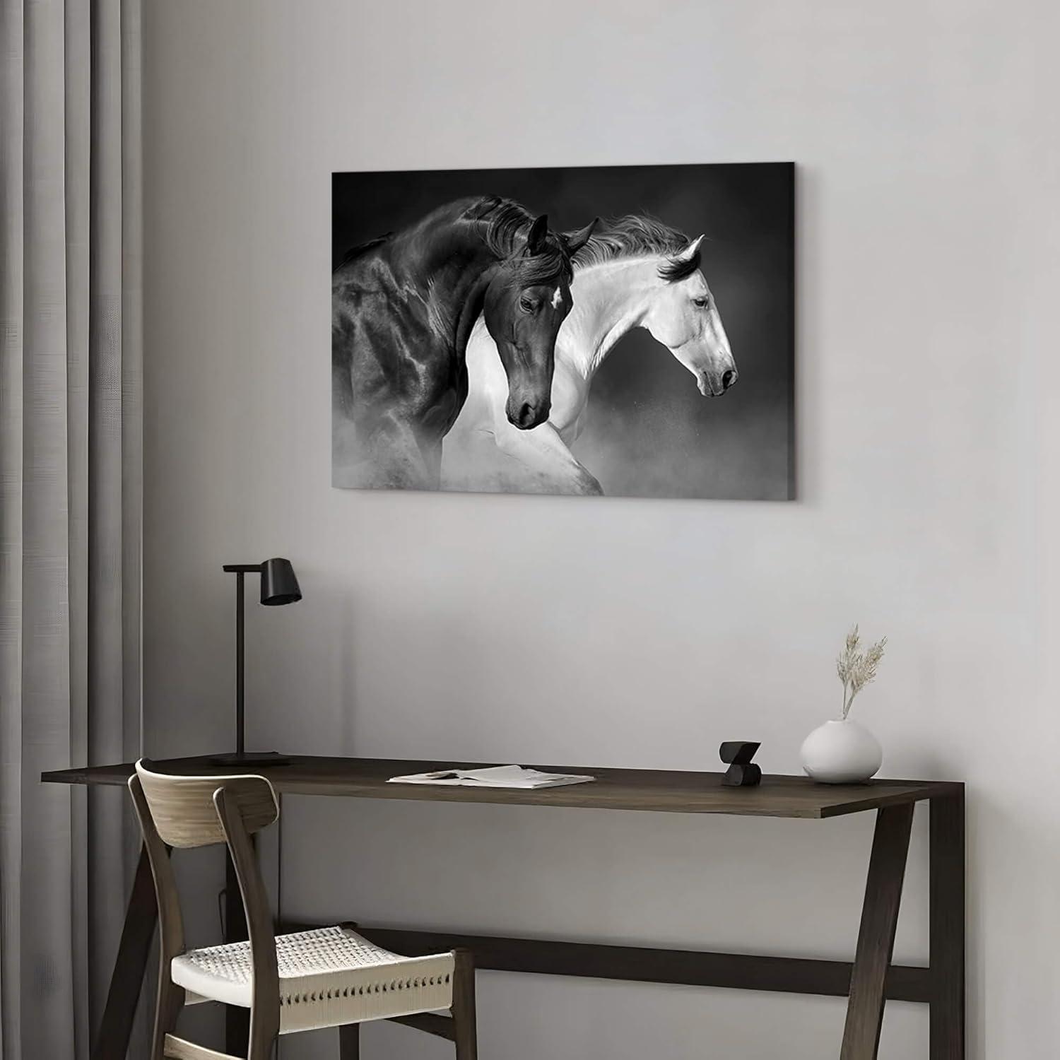 Shadudu Wild Horses Canvas Wall Art - Black White Horse Racing Picture Two Vintage Animals Artwork Print Painting for Home Office Bedrooms 36x24in