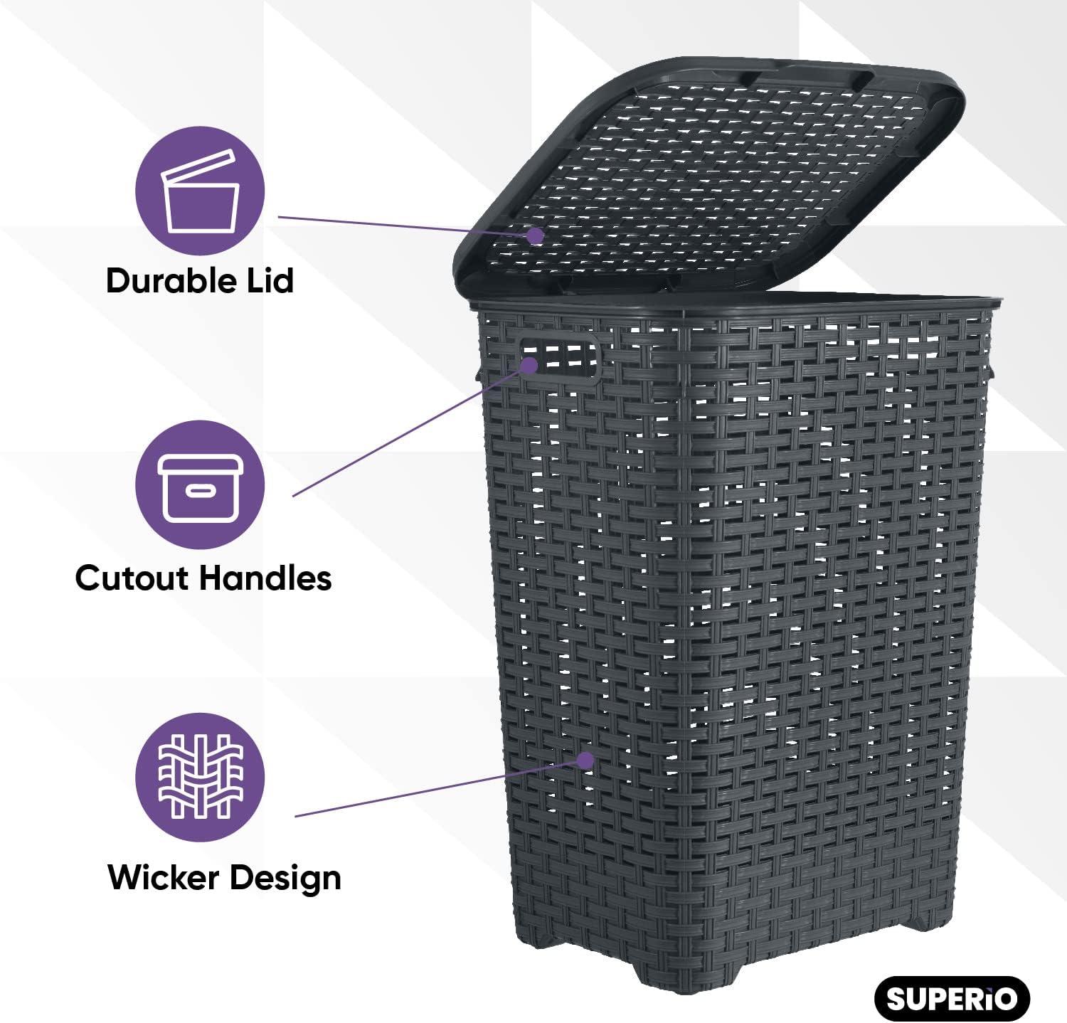 Gray Wicker Upright Hamper with Hinged Lid