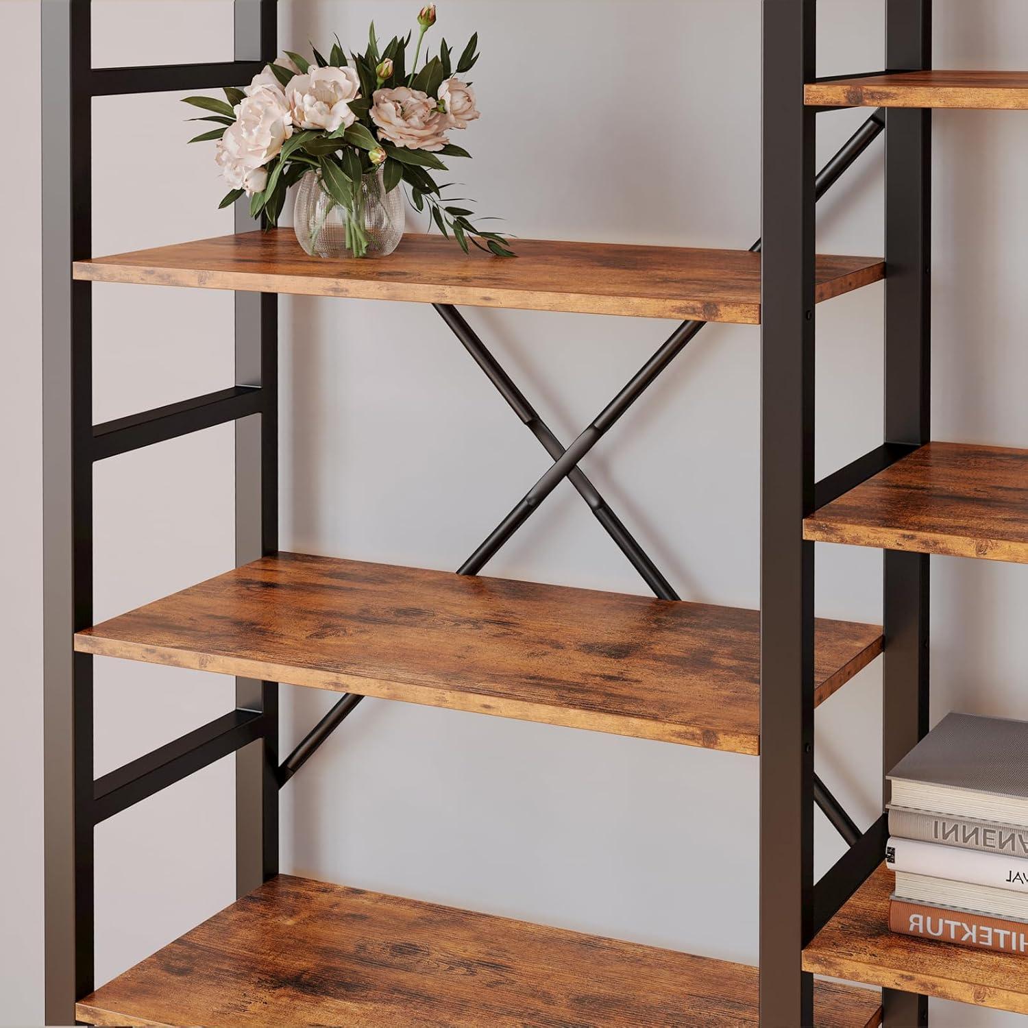 IRONCK Industrial Bookshelves Triple Wide 6 Tiers with Metal Frame for Home Office Vintage Brown