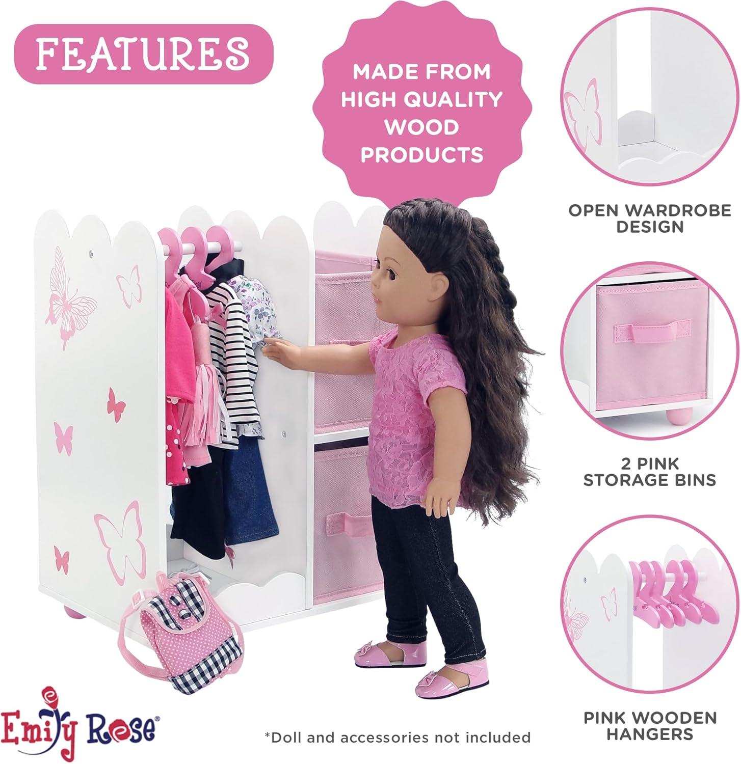 Emily Rose 18 inch Doll Clothes Storage Closet Open Wardrobe 18" Doll Furniture - Butterfly | Includes 5 Doll Clothes Hangers | Perfect for Storage of 18" Doll Clothes or Small Pet Clothes
