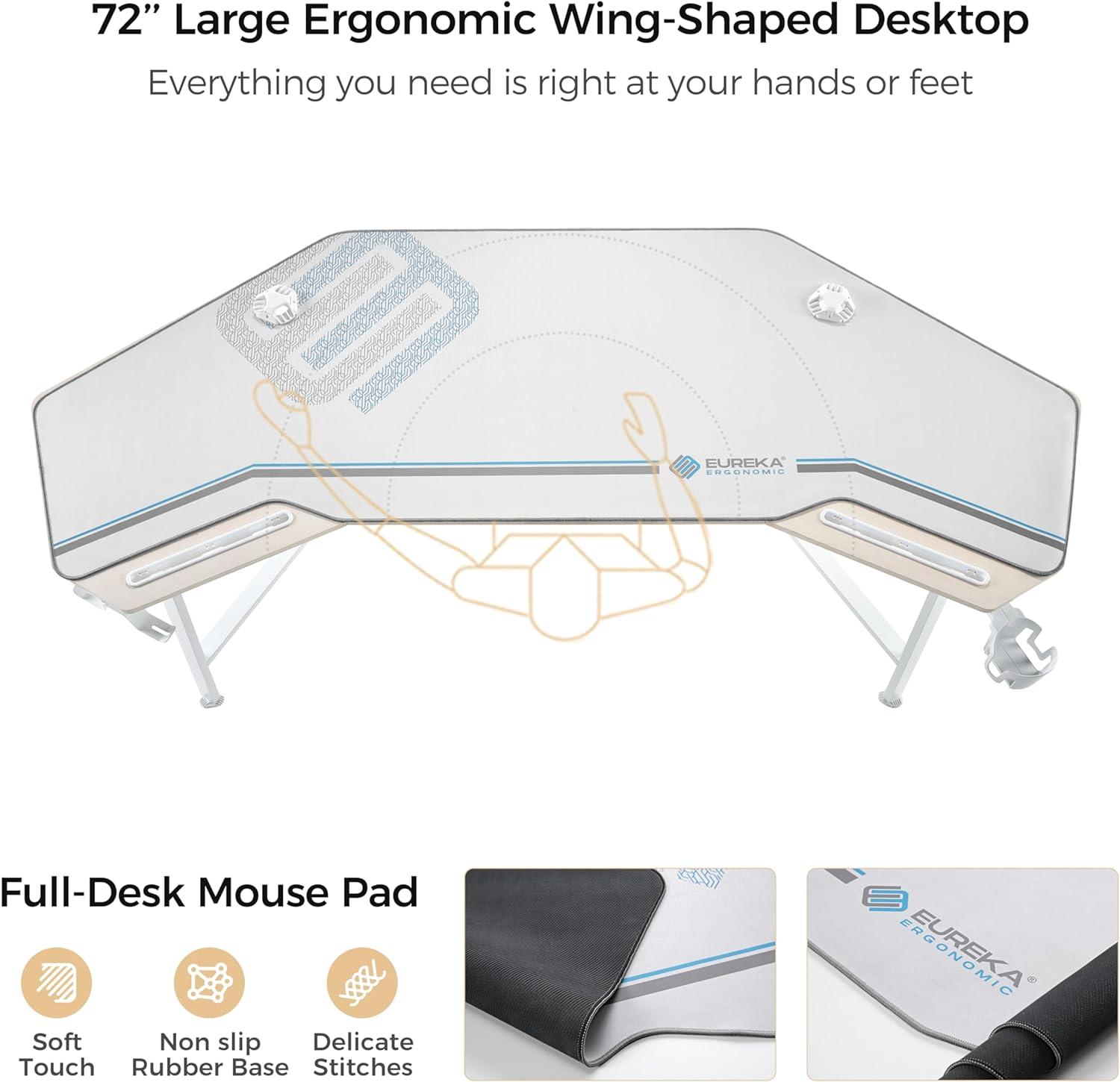 EUREKA ERGONOMIC 72" Computer Desk W Keyboard Tray, Wing-Shaped Music Studio Desk, Large Gaming Desk W LED Convertible Monitor Stand Dual Headphone Hanger for Recording Live Streamer,Maple