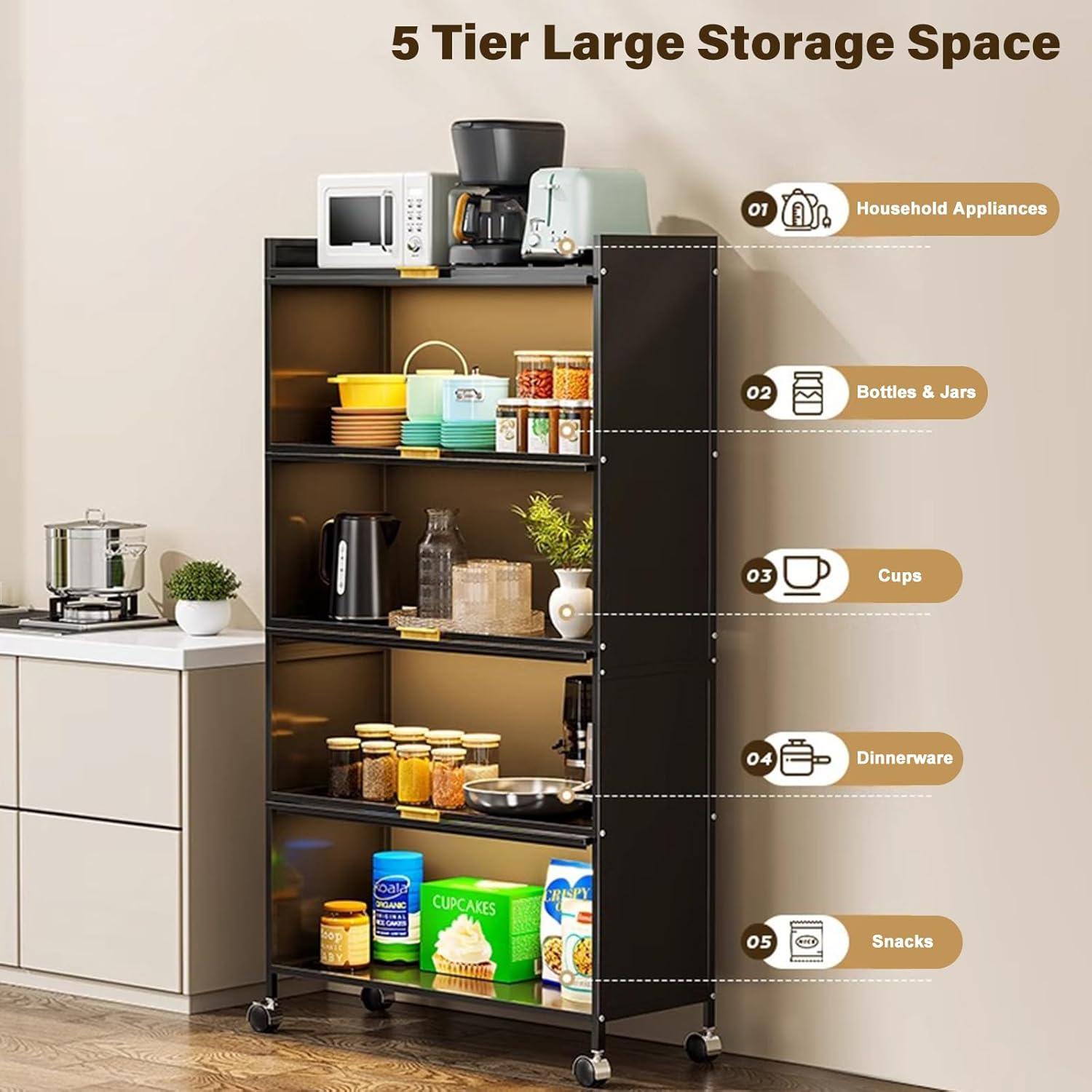 Kitchen Storage Cabinets,5 Tiers Bakers Rack for Kitchens with Storage,Microwave Stand,Kitchen Shelves with Transparent Flip Door & 4 Rolling Wheels,for Kitchen Dining Living Study Room