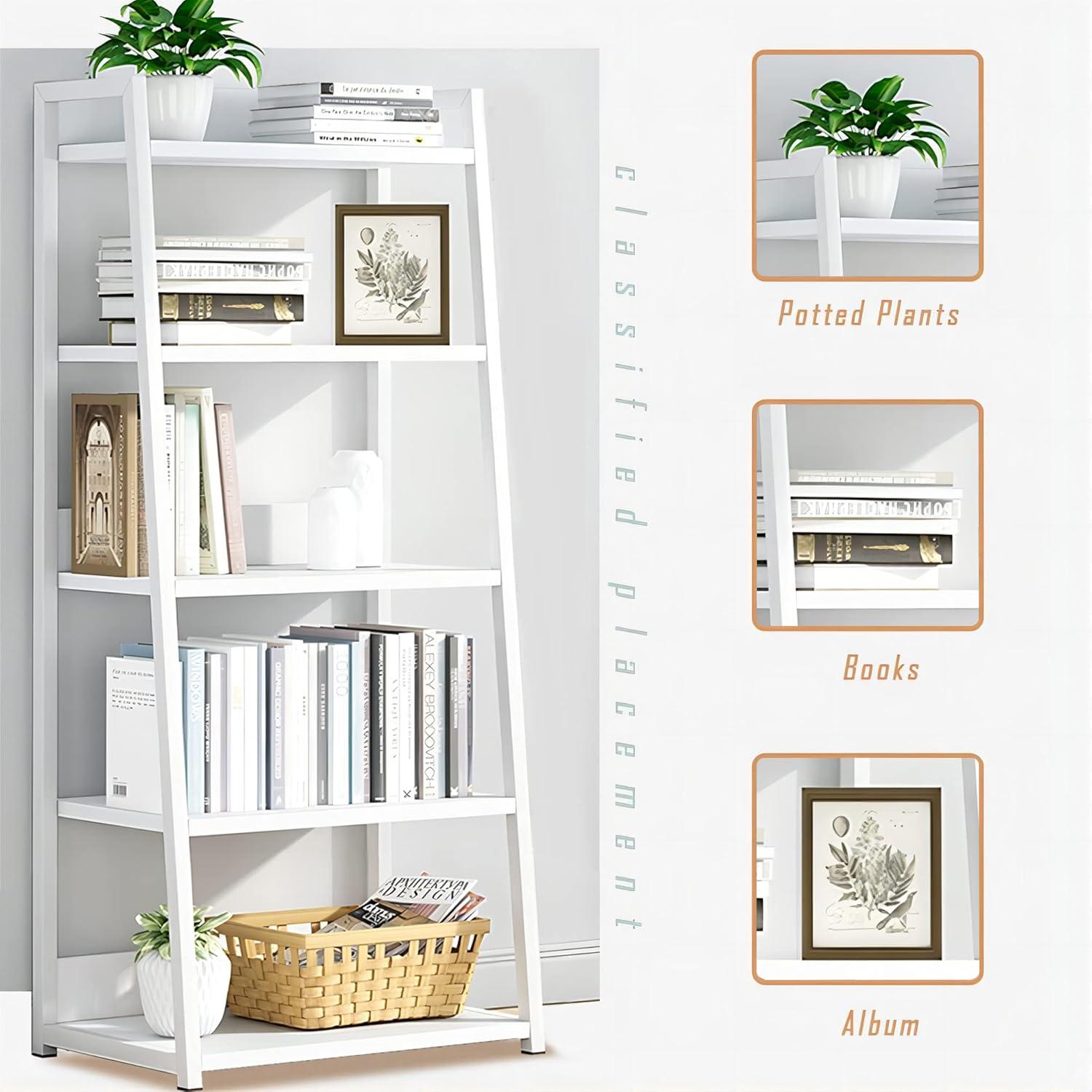 White Modern 4-Tier Ladder Bookshelf with Wood Shelves