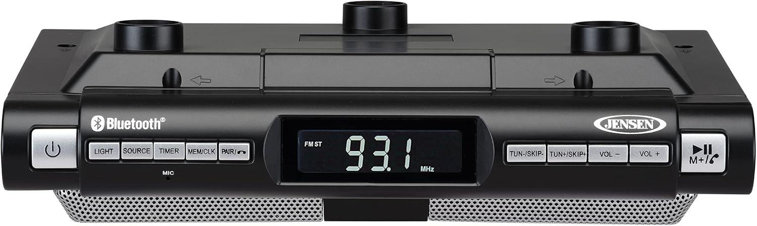 Jensen Modern Wireless Under Cabinet Kitchen Universal Bluetooth Music System, FM Radio, Clock LCD Digital Display, Built-in Hands-Free Mic & Speakers (Includes Mounting Hardware)