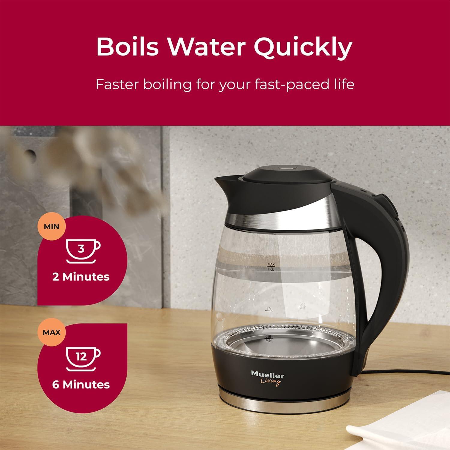 MuellerLiving Mueller Living Electric Kettle, Electric Tea Kettle for Boiling Water, 1500W SpeedBoil Teach Automatic Shutoff, 1.8L Cordless with LED Light, Borosilicate Glass Tea Kettle Pot Water Heater, BPA Free