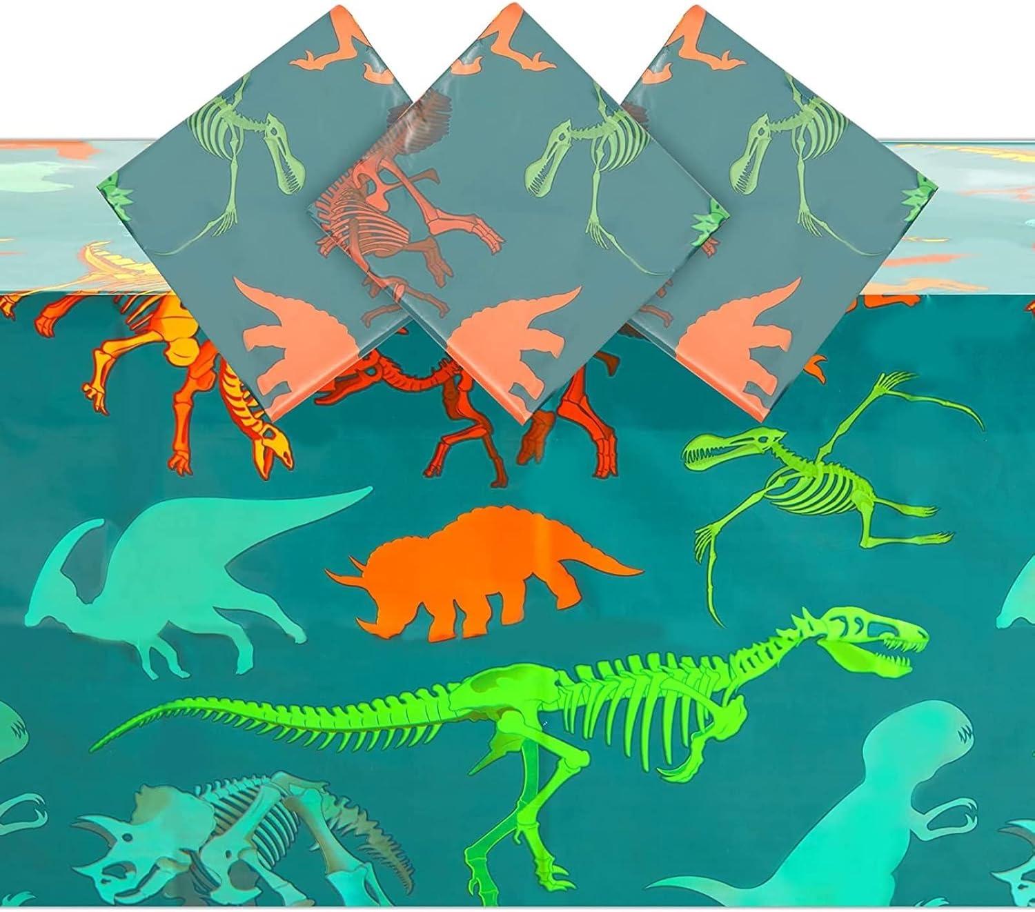 Blue Panda 3 Pack Dinosaur Tablecloth for Birthday Party Supplies, Classroom Party, Disposable Table Cover, Green (54 x 108 In)