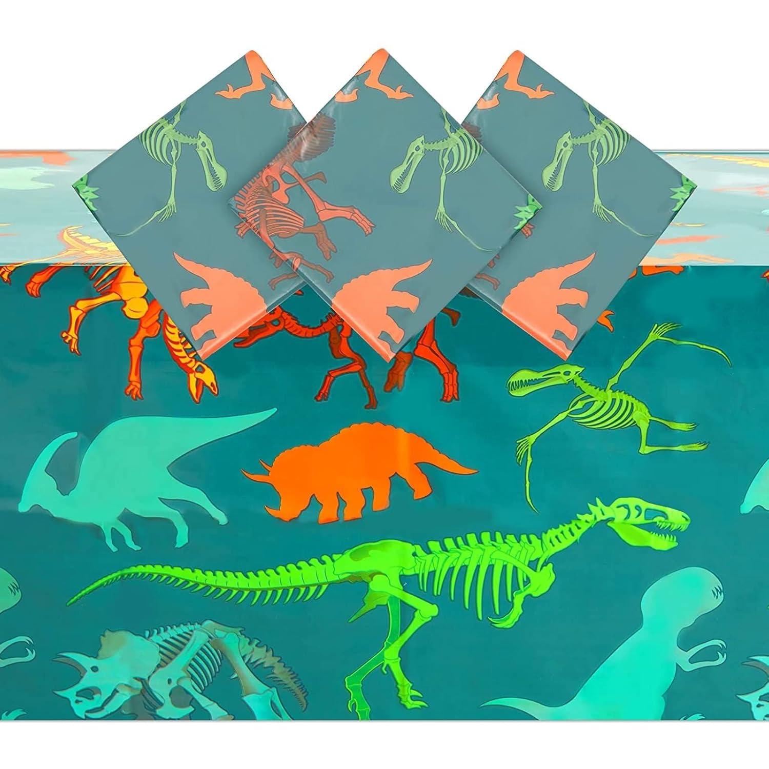 Blue Panda 3 Pack Dinosaur Tablecloth for Birthday Party Supplies, Classroom Party, Disposable Table Cover, Green (54 x 108 In)