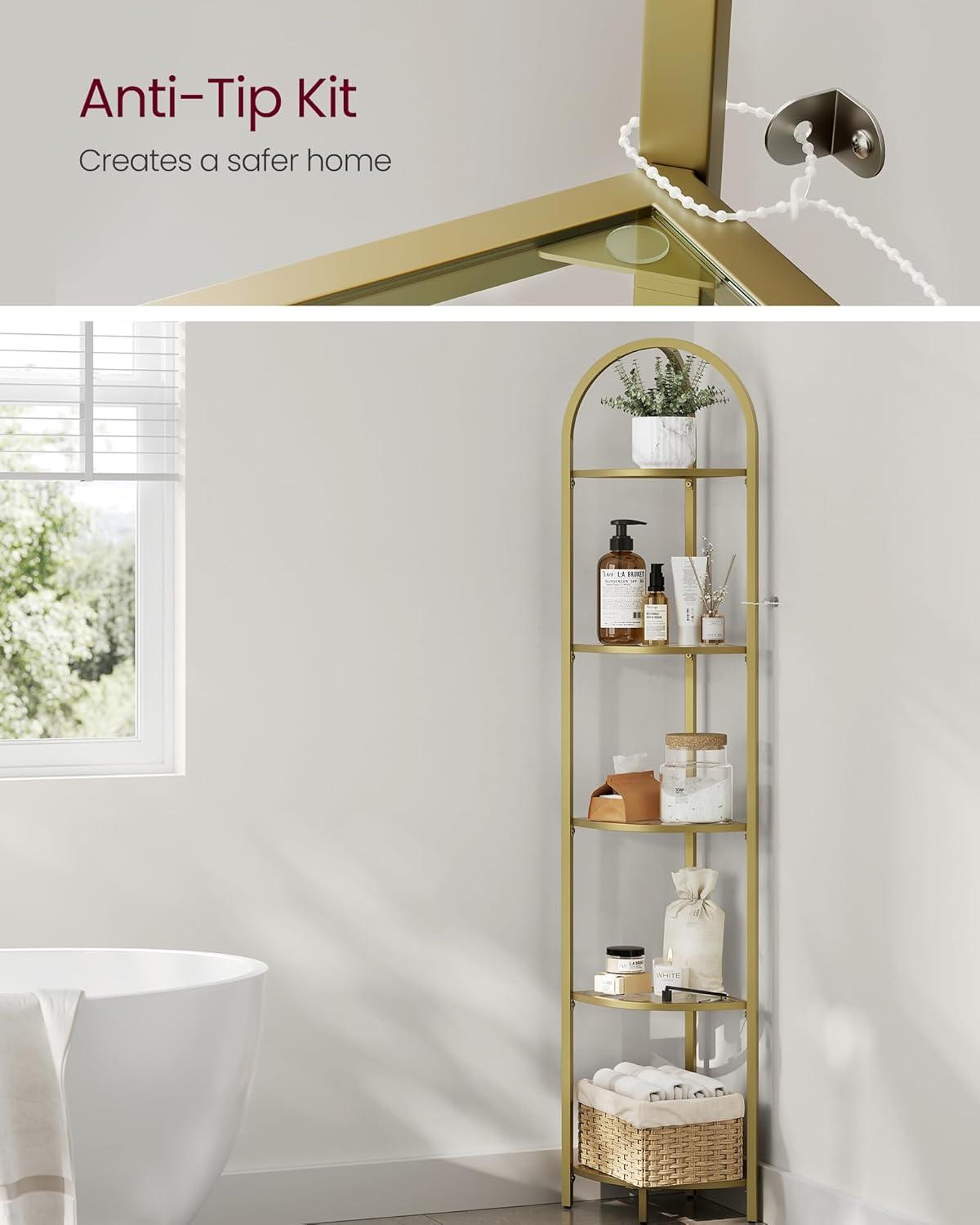 HOOBRO 5-Tier Corner Shelf Stand, Black Corner Bookshelf, Tempered Glass Shelves, Bathroom Organizer, Corner Plant Stand, for Living Room, Study, Balcony, Home Office, Modern Style, Black BK15CJ01