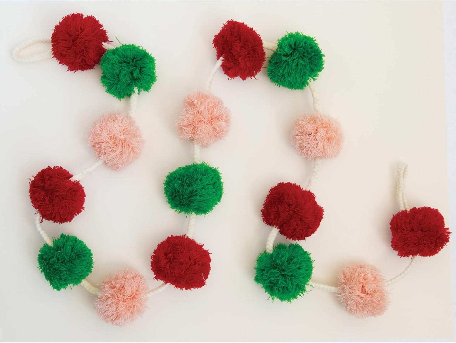 Festive Pink, Red, and Green Wool Pom Pom Garland