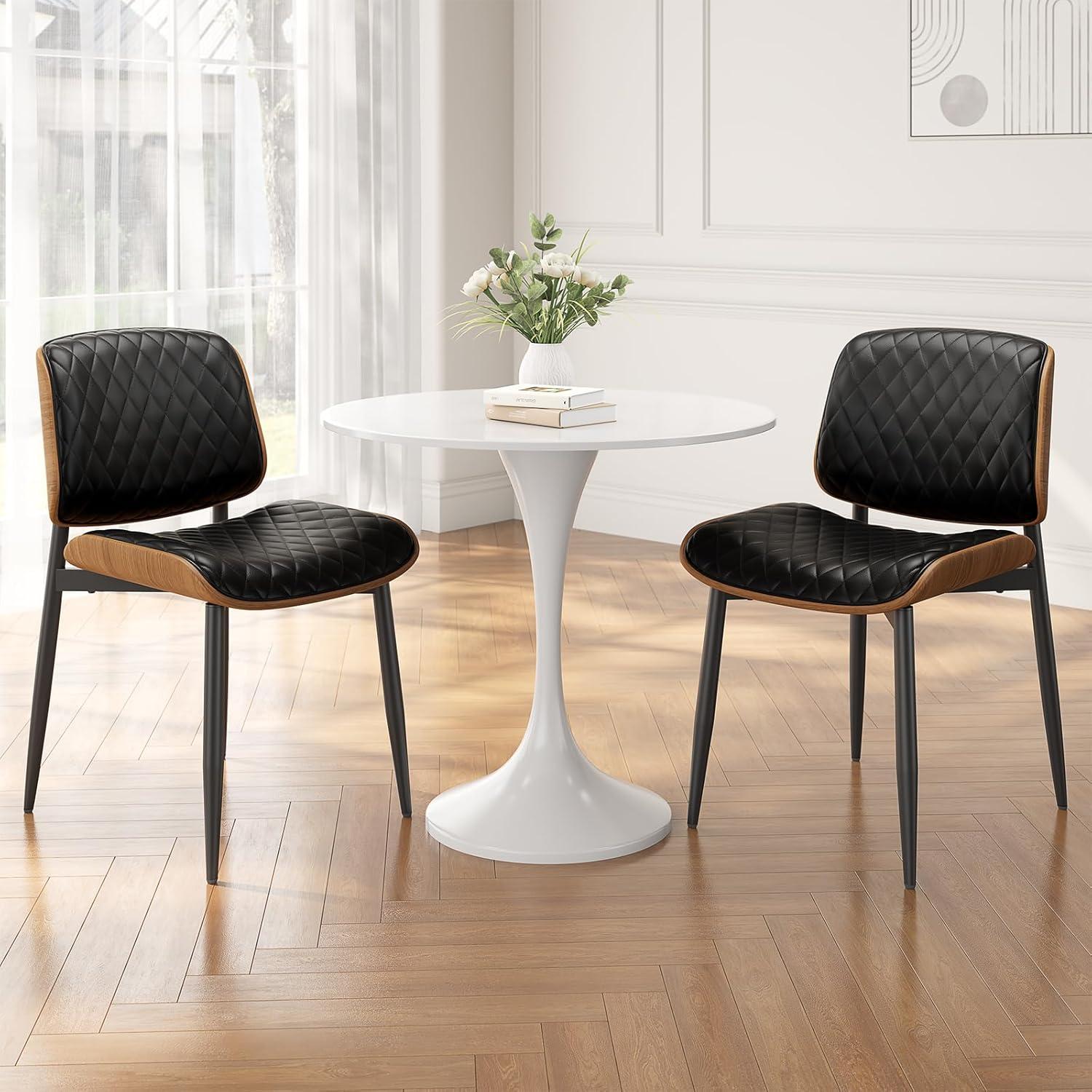 Dining Chairs Set of 2, Mid Century Modern Retro Faux Leather Chair with Walnut Bentwood Back, Upholstered Seat Metal Legs & Adjustable Foot for Kitchen Dining Room Chairs(Black PU)