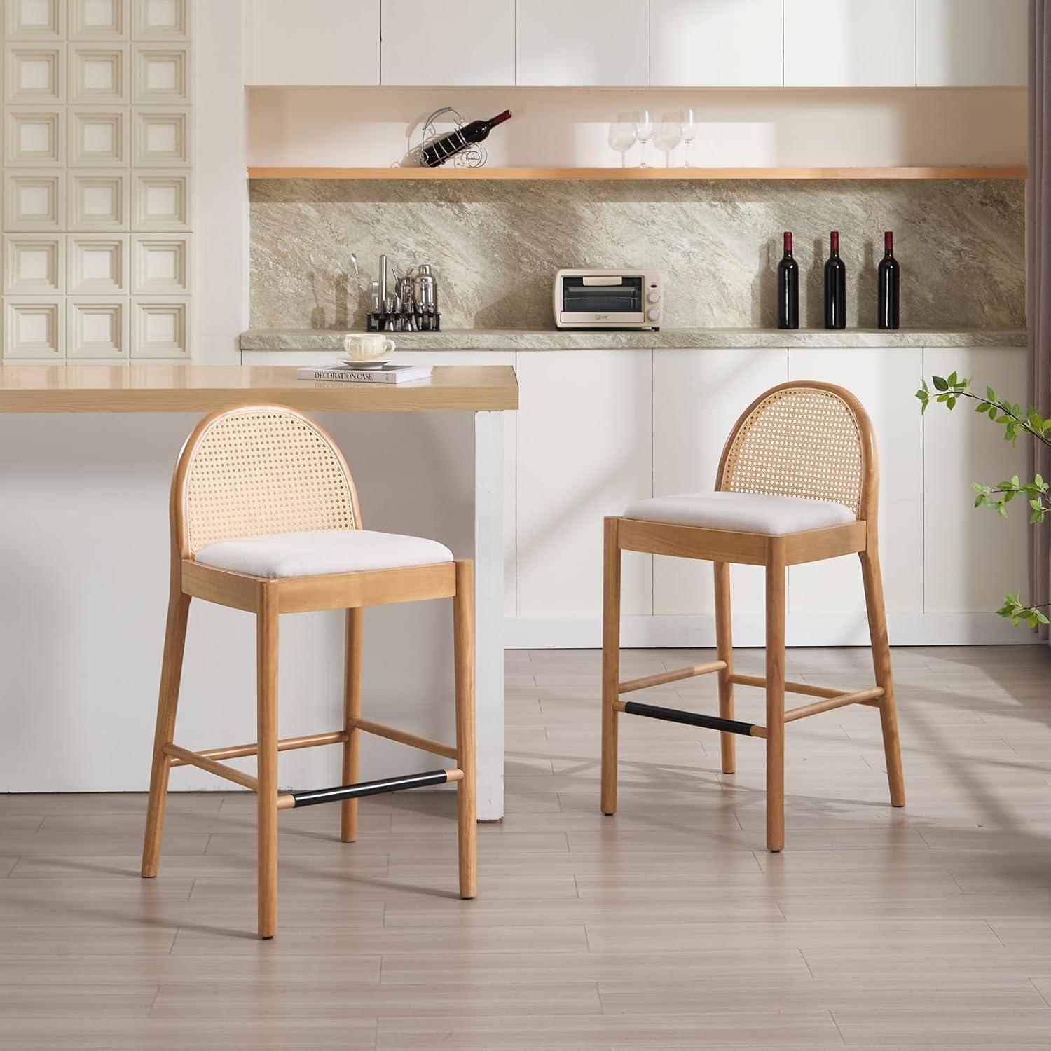 Bayou Breeze Emington Modern Stools with Rattan Backrests and Wood Frame (Set of 2)
