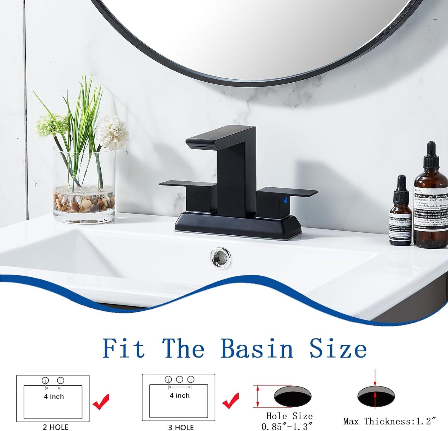 SHACO Black 4 Inch Centerset Bathroom Faucets 3 Hole or 2 Hole, Matte Black 2 Handle Waterfall Vanity Faucet, Lavatory Mixer Tap RV Sink Faucet with Overflow Pop Up Drain and Hose, SC-ZT907B-NEW1