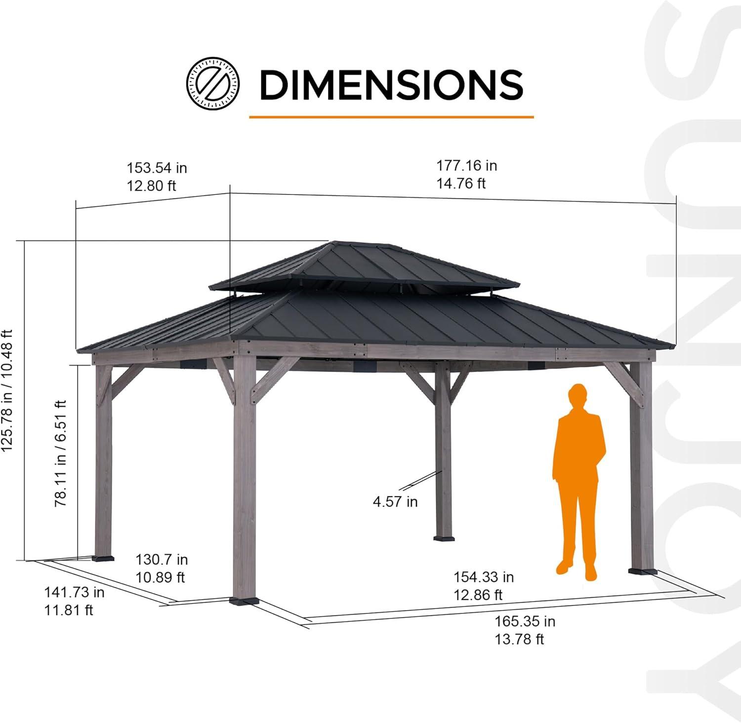 Sunjoy Sunjoy 13 x 15 ft. Wood Gazebo, Outdoor Patio Steel Hardtop Gazebo, Cedar Framed Wooden Gazebo with 2-Tier Metal Roof, Suitable for Patios, Lawn and Backyard
