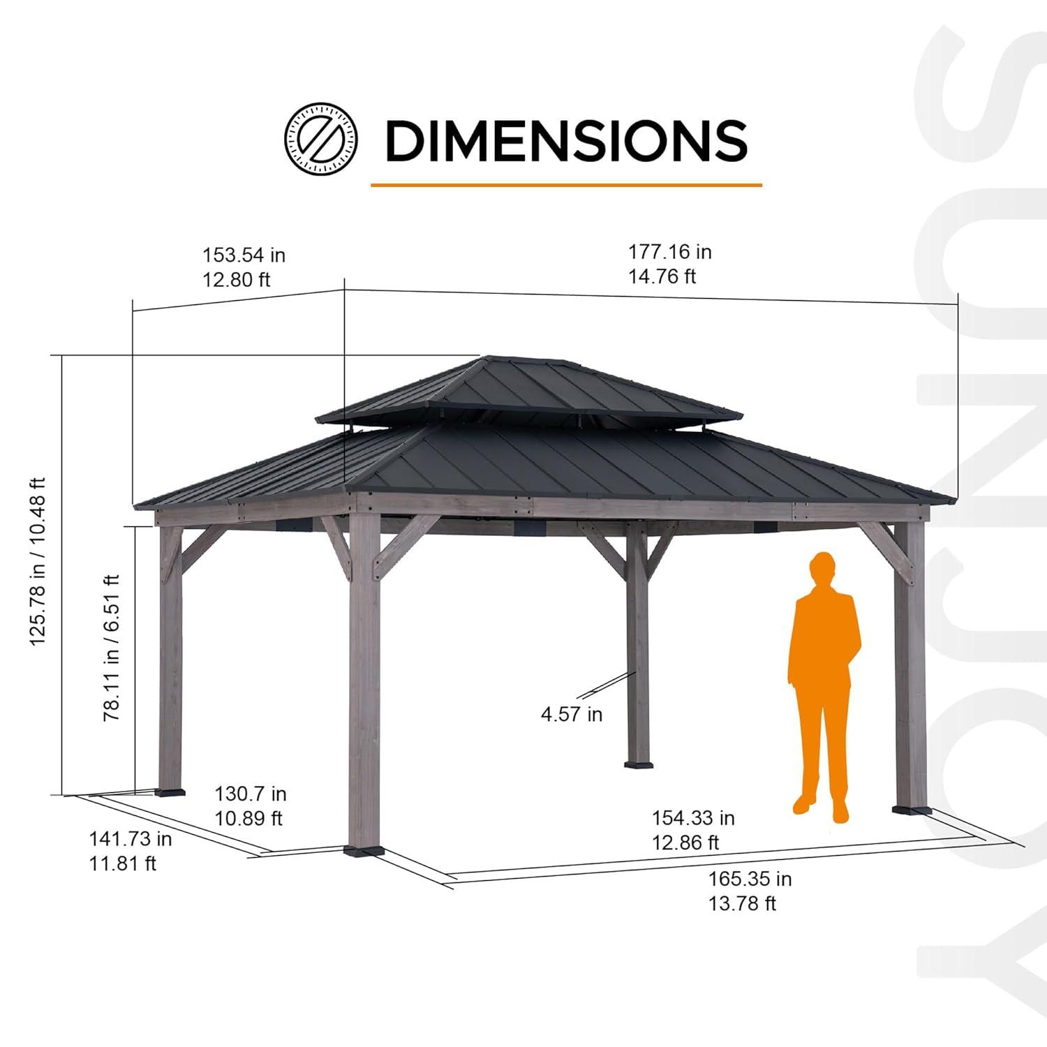 Sunjoy Sunjoy 13 x 15 ft. Wood Gazebo, Outdoor Patio Steel Hardtop Gazebo, Cedar Framed Wooden Gazebo with 2-Tier Metal Roof, Suitable for Patios, Lawn and Backyard