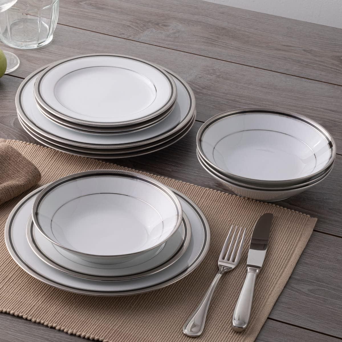 Austin Platinum 12-Piece White Porcelain Dinnerware Set with Metal Accents