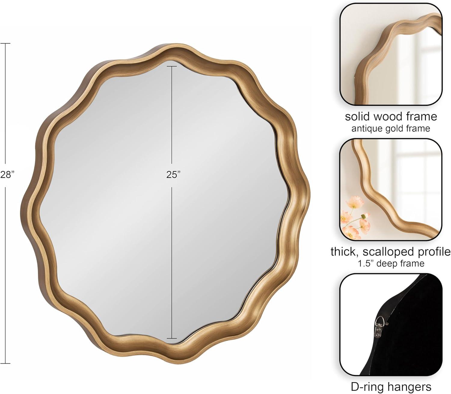 Kate and Laurel Hatherleigh Transitional Round Wooden Wall Mirror, 28 Inch Diameter, Gold, Modern Scalloped Wavy Wood Circle Mirror for Use in Bathroom, Entryway, or Bedroom