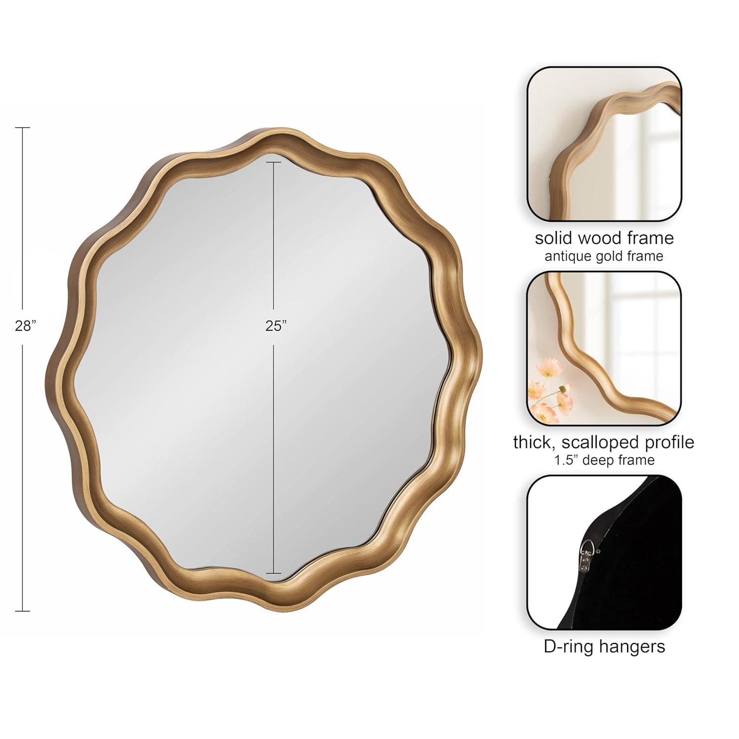 Kate and Laurel Hatherleigh Transitional Round Wooden Wall Mirror, 28 Inch Diameter, Gold, Modern Scalloped Wavy Wood Circle Mirror for Use in Bathroom, Entryway, or Bedroom