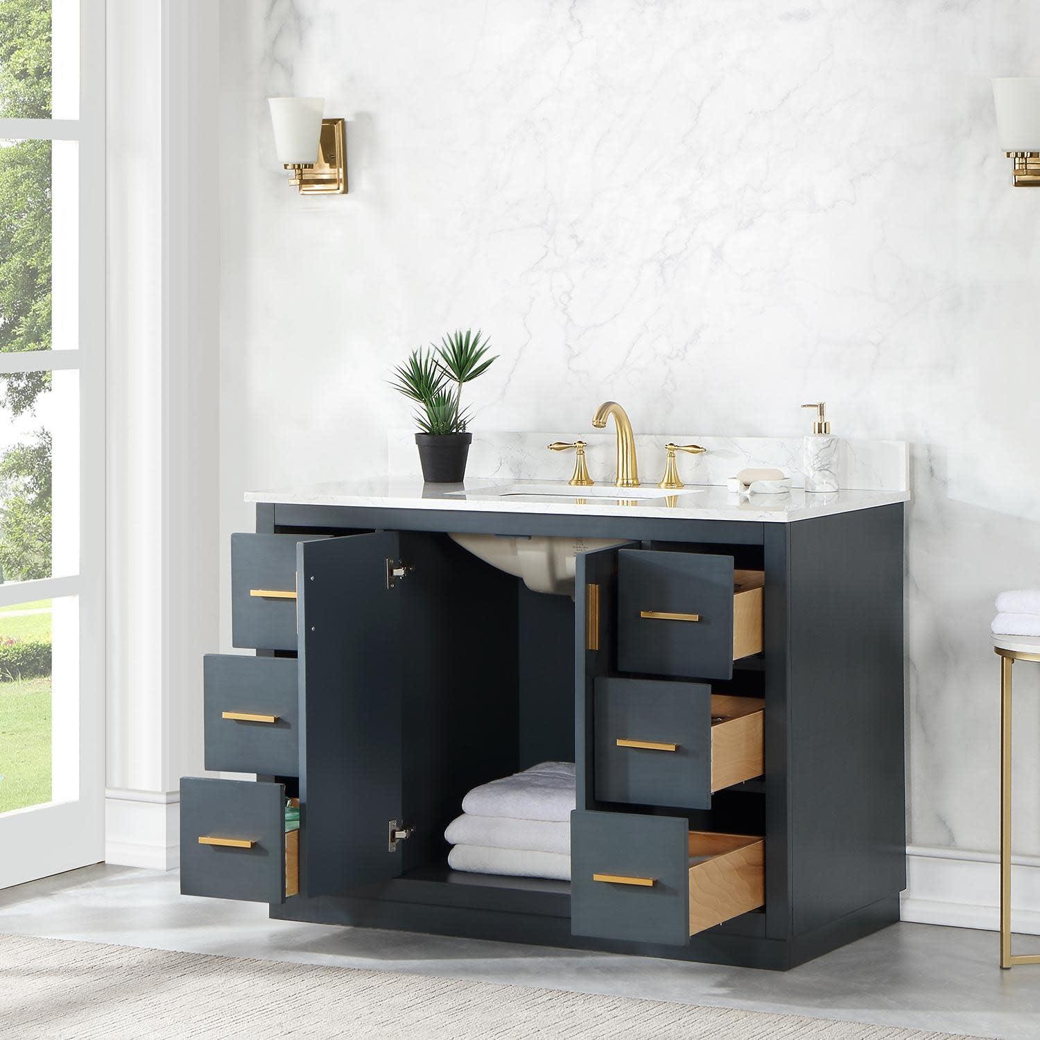 Gazsi 48" Single Bathroom Vanity Set in Brown Oak with Grain White Composite Stone Countertop without Mirror