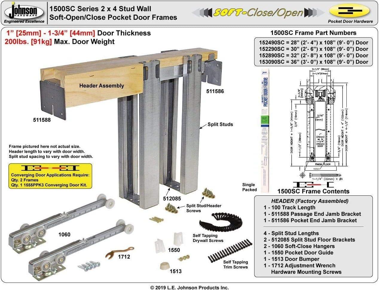 Johnson Hardware 1500 Soft Close Series Commercial Grade Pocket Door Frame For 2x4 Stud Wall (36 inch x 80 inch)